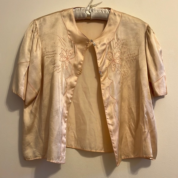 Vintage silk bed jacket short puff sleeves size m - Picture 1 of 8